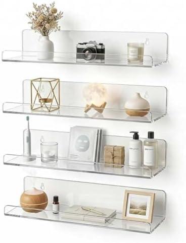 cerbass 4-Pack Clear Acrylic Floating Shelves, Space-Saving Invisible Wall Shelves for Bathroom Kitchen Office Living Room, Modern Decor Set