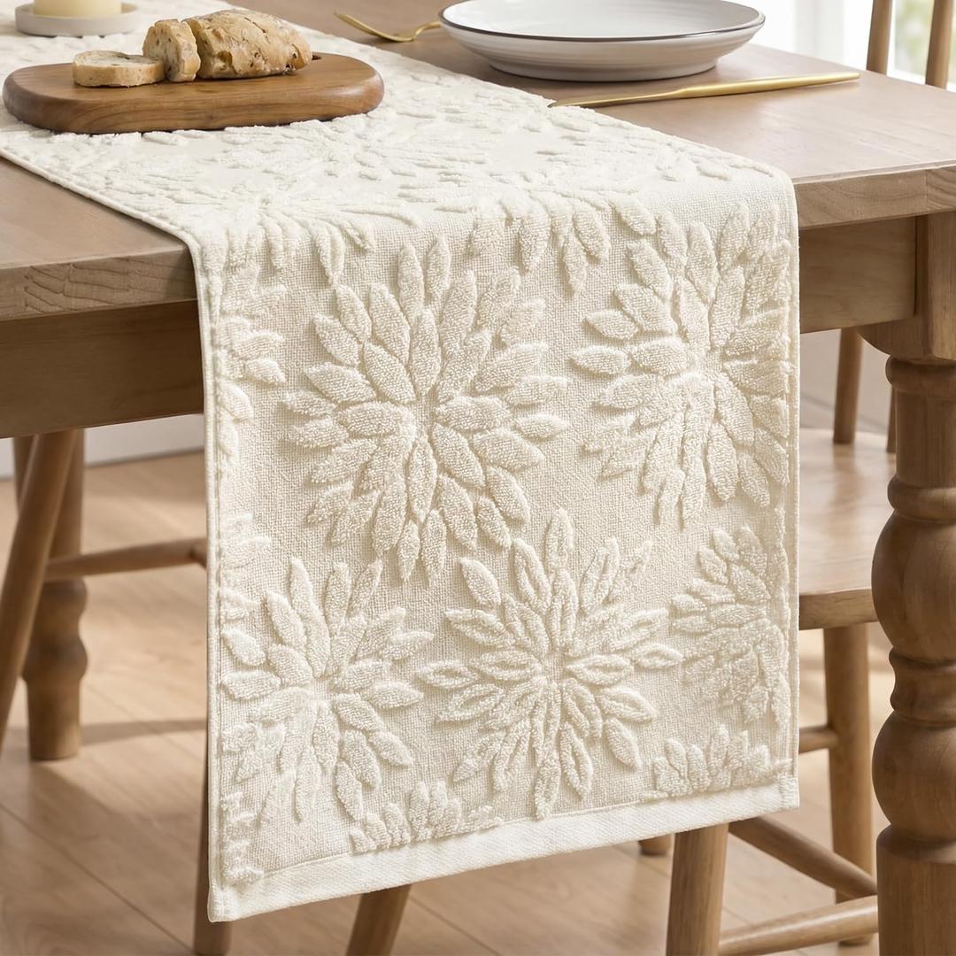 Artoid Mode Beige Soft Cotton Jacquard Dahlia Floral Pinnata Spring Table Runner, Holiday Kitchen Dining Table Decoration for Home Party Decor 13x72 Inch