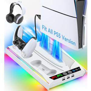 Rysker PS5/Slim/Pro Cooling Station with Quiet Cooling Fan and Fast Controller Charger for Disc & Digital Console, PS5 Accessories Incl. 3 USB Ports, Screw and Headset (Deep White)