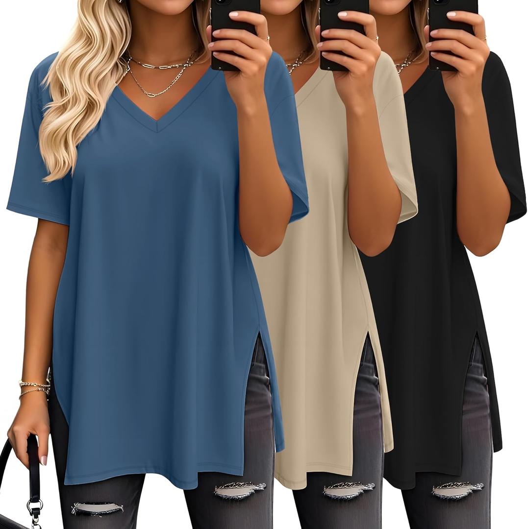 Huukeay 3 Pack Oversized Shirts for Women V Neck Workout T Shirt Casual Side Split Tee Short Sleeve Loose Tops Tunic Tops (Large, Black, Gray Khaki, Haze Blue)