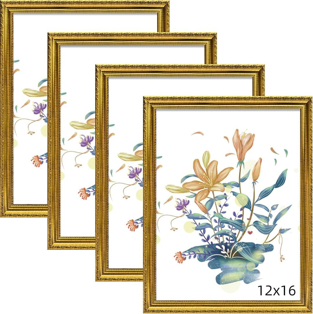4 x BESCRCL 12x16 Picture Frame Gold, Frames 12 x 16 with Shatterproof Crystal Acrylic for Wall Gallery, 4 Pack