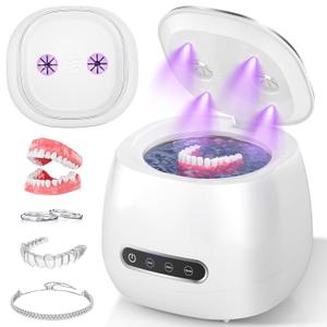 Ultrasonic Retainer Cleaner Machine Rechargeable, 45kHz Portable Denture Cleaner for Retainers, Dentures, Night Guards, Aligners, Braces, Jewelry, 3 Cleaning Modes, 200ML Tank, White
