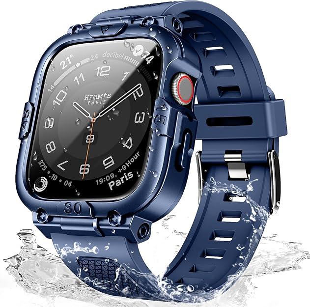 Mosonio Sport Rugged Case with Band for Apple Watch Band 46mm 45mm 44mm 42mm (S10)41mm 40mm, Light TPU Bands with Cover and Screen Protectors for Men, Waterproof Strap for iwatch Series 10 9 8 7 6 5 4 SE (Blue)