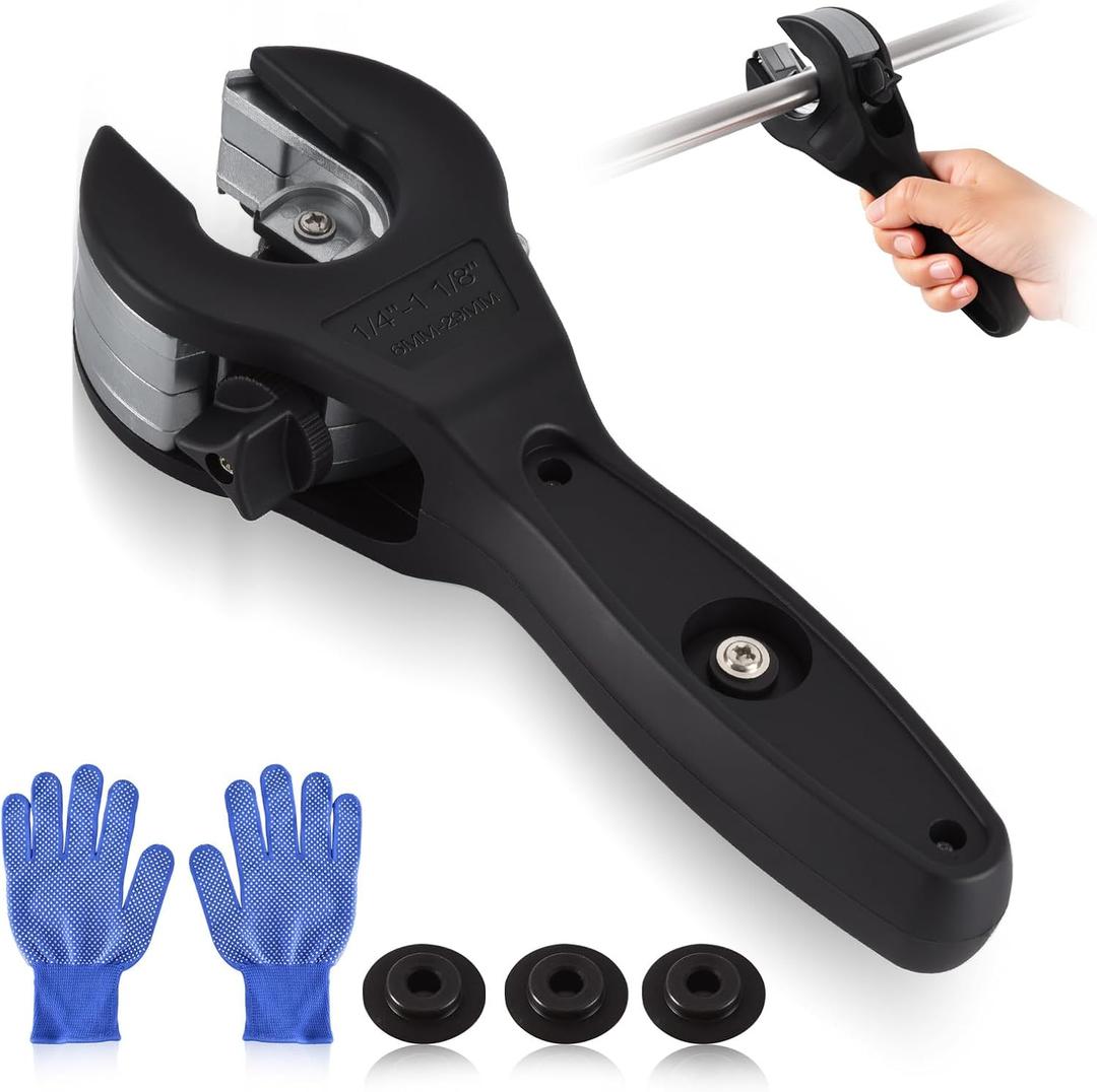 3rd Gen Ratcheting Tube Cutter in Narrow Space, Premium Pipe Cutters(1/4in to 1-1/8in) for Copper, Brass, Aluminum, PVC and PPR, Total 3 Steel Bades, 1 Pair of Slip-free Gloves