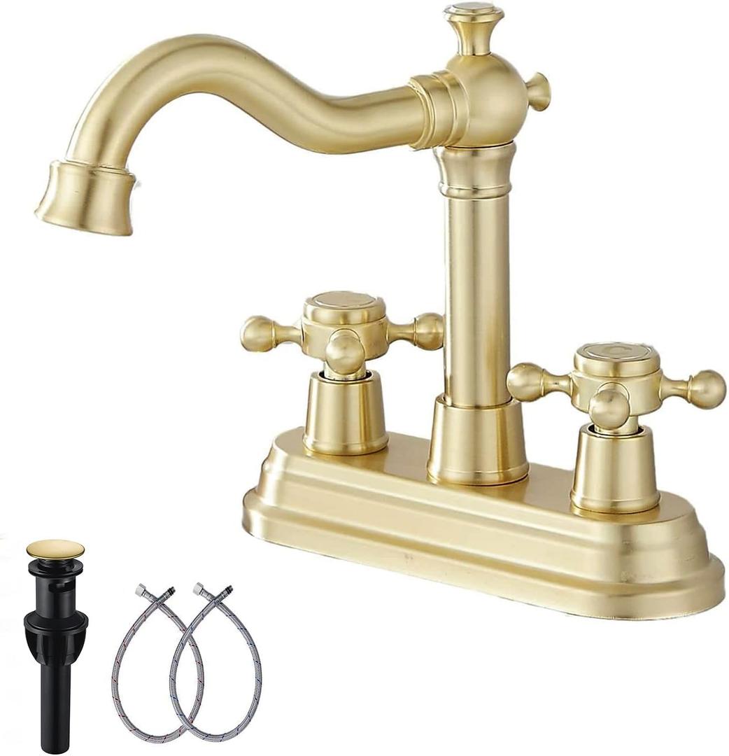 Bathroom Faucet Brushed Gold GGStudy 2 Handles 4 Inches Centerset Bathroom Vanity with Drain Assembly and Supply Hose Lavatory Mixer Double Handle Tap