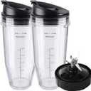 Ninja Blender Cups Replacement Parts 5-Piece Set: 2 x 24oz Cups with Lids & 7-Fins Blade, Fits Nutri Ninja BN401 BN751 BN801 BL450 BL480 BL640 NN100