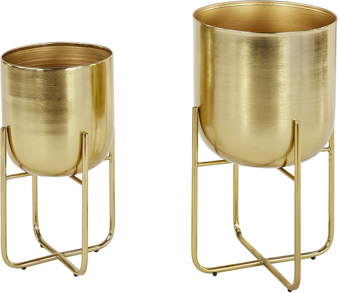 Deco 79 Metal Indoor Outdoor Planter Brushed Dome Large Planter Pot with Curved X-Shaped Bases, Set of 2 Planters 16", 13"H, Gold