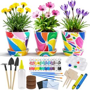 Kids Gardening Set Paint and Plant Flower Gardening Kit with 3 Pots, Kids Garden Flower Growing Kit Arts and Crafts Toys Gifts for Girls Boys Children Toys Gift for Girls Boys Ages 5 6 7 8 9 10 11 12