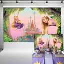 Princess Rapunzel Birthday Party Backdrop Decorations Tangled Castle Tree Background Fairytale Theme Cake Table Banner 5x3 ft 96