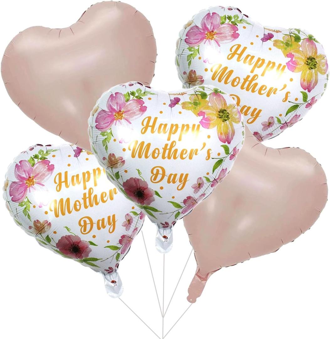 Pink Mother's Day Balloons Flowers Heart Balloons for Mother's Day Birthday Party Decorations Decor Supplies Mothers Party Balloon Set-5 PCS
