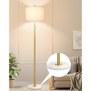 UpgradedDimmable Gold Floor Lamps for Living Room, 11W LED Bulb Included, Modern Standing Lamp with Marble Base, Tall Pole Light with White Linen Shade for Bedroom Reading Office Corner Nursery