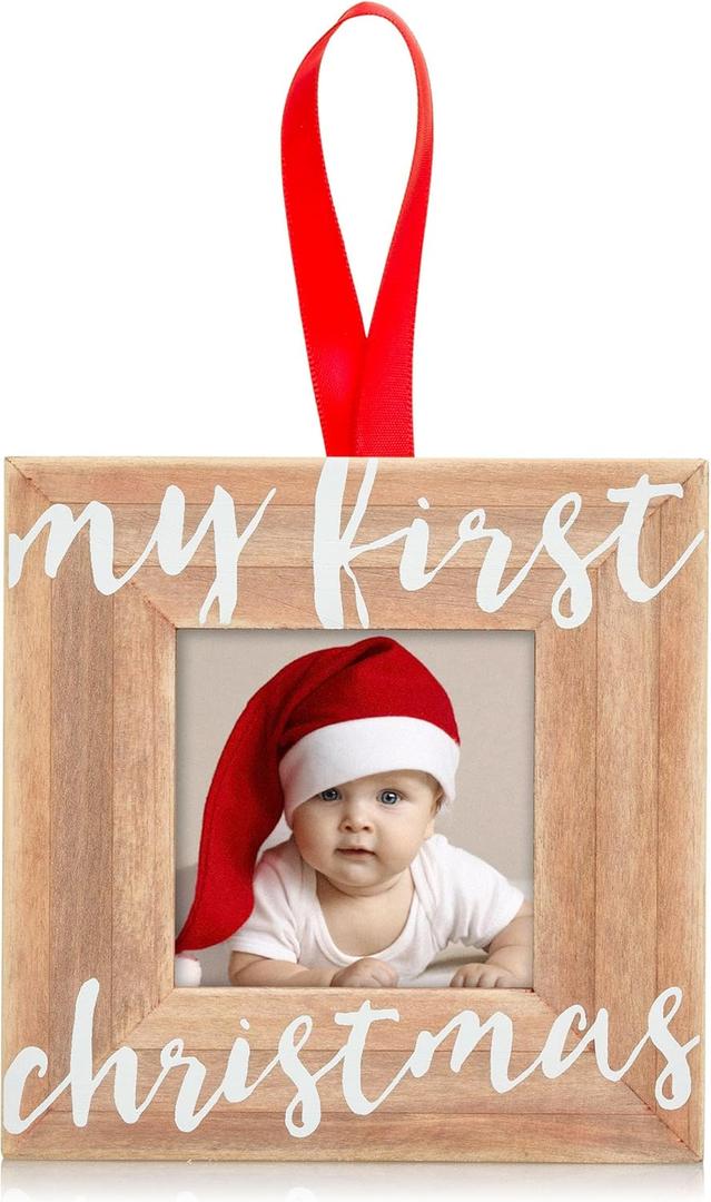 Pearhead Babys First Christmas Wooden Picture Frame Ornament, Newborn Milestone Keepsake Photo, Holiday Gift For New and Expecting Parents, Rustic My First Christmas Ornament (1-Pack)