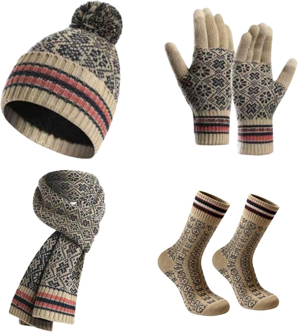 Women's Winter Knit Hat and Scarf Set with Touchscreen Gloves and Soft Warm Socks with Christmas Gift Box (Creamy White)