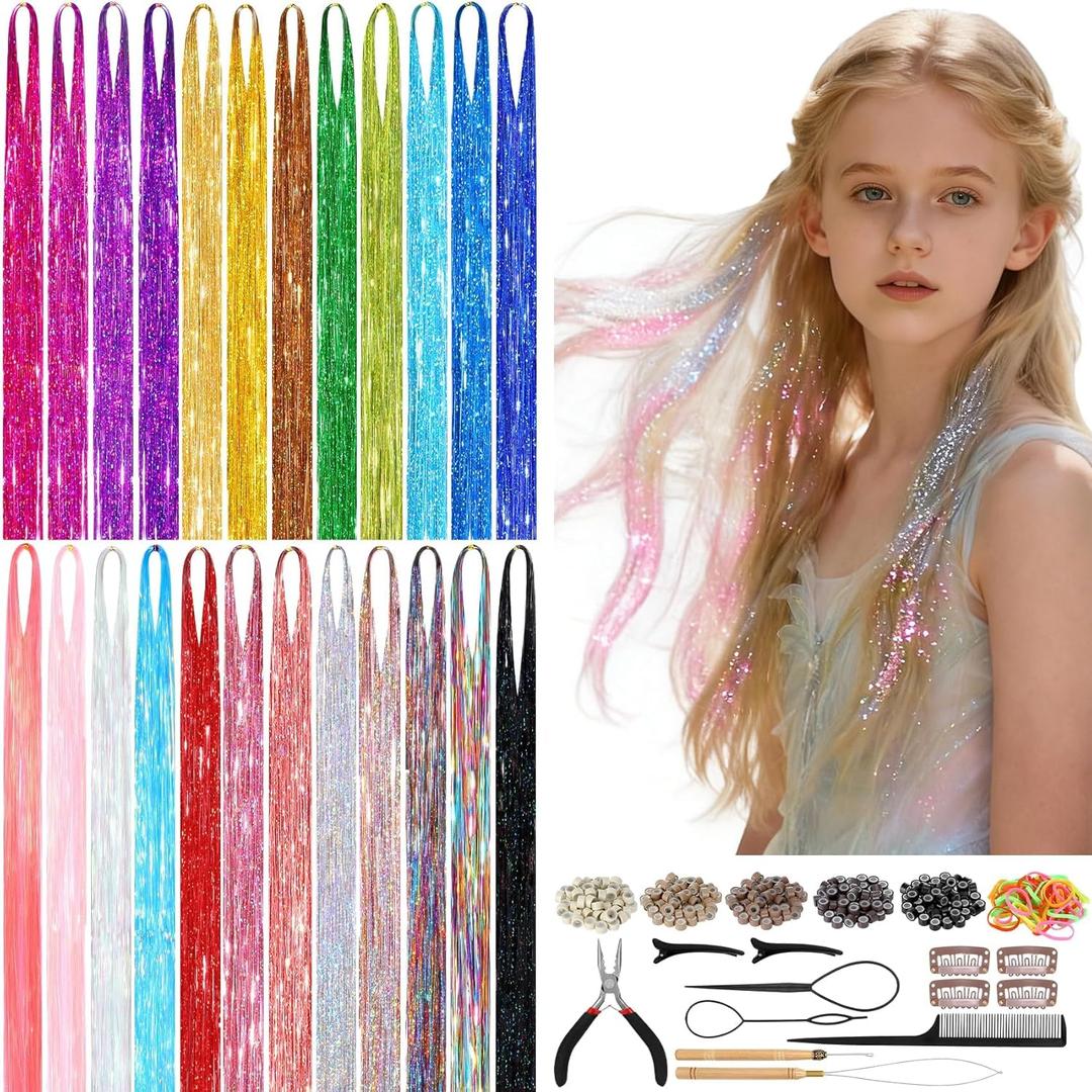 8400 STRANDS Hair Tinsel Kit for Girls, 24 Colors 48 Inches Fairy Hair Tinsel Kit Heat Resistance Colorful Glitter Hair Extensions with Tools for Party Concert