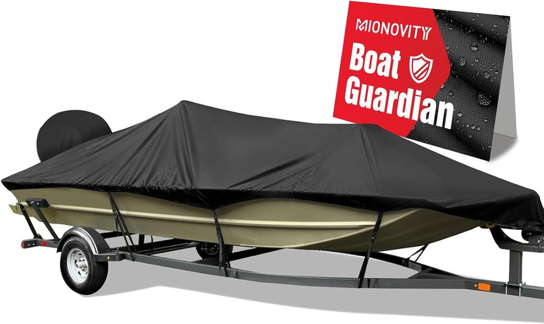 Bass Boat Cover 16-18.5 ft, 800D Canvas Heavy Duty Waterproof Boat Cover 16 17 18 Foot16' 17' 18.5' with Motor Cover, Fits V-Hull,Fishing,Runabout Bowrider Boat (black)