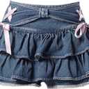 Women's Bow Low Waist Retro Pleated Skirt with Adjustable Waist A-line Mini Denim Skirt Y2K (Medium)