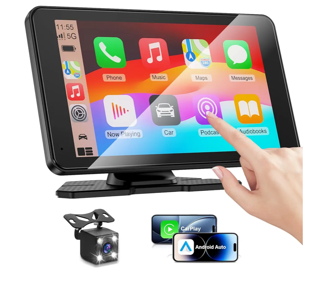 Apple Carplay Screen for Car, 7" HD Portable Car Stereo Touch Screen with Wireless Android Auto, Backup Camera with LED/Mirror Link/Voice Control/Bluetooth/GPS/AUX/FM Satellite Radio for All Vehicles