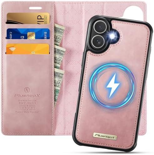PlusnapX Wallet Case for iPhone 16 Compatible with Magsafe, 2-in-1 PU Leather Flip RFID Blocking Card Holder Stand Shockproof Magnetic Detachable Cover for iPhone 16 Case 6.1", Pink