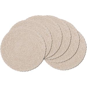 SHACOS Round Braided Placemats 15 inch Set of 6 Thick Boho Kitchen Table Placemats for Home Wedding Party (T-Beige, 6)