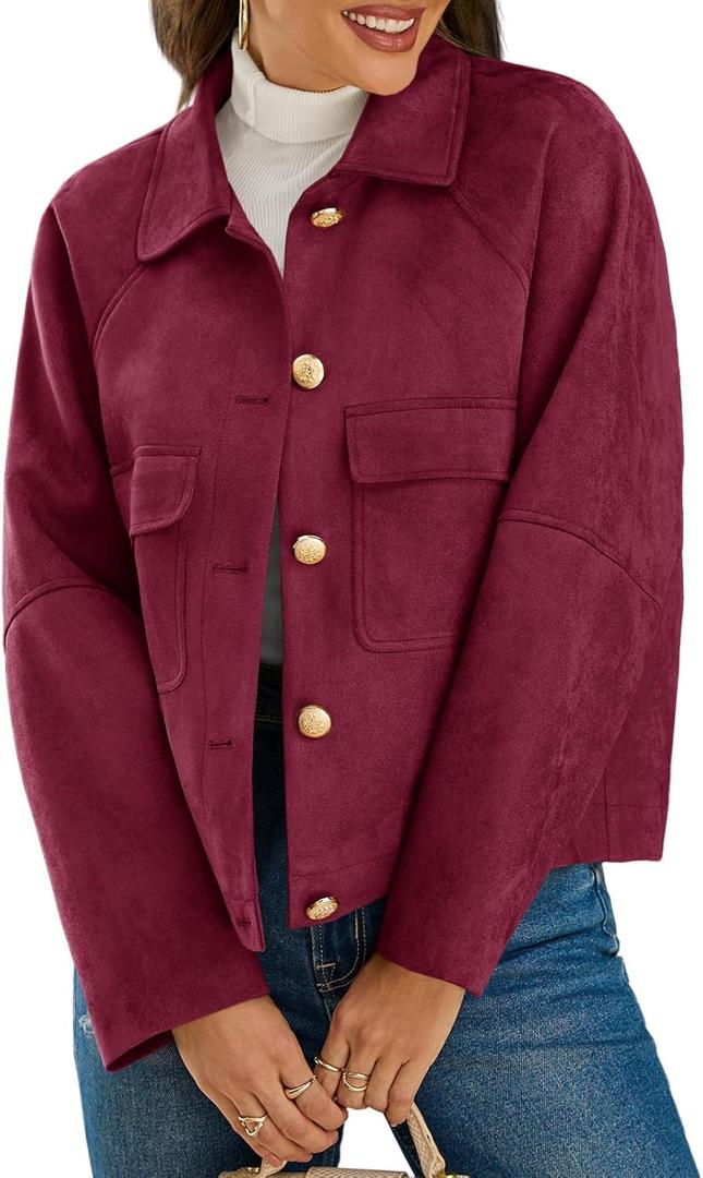 Cicy Bell Womens Faux Suede Leather Jackets Oversized Cropped Casual Lapel Collar Button Down Fall Vintage Shackets (Large, Red)