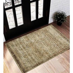 Area Rug 2x3 Washable Rug Door Mat Vintage Distressed Taupe Doormat Indoor Entrance Traditional Thin Floral Print Non Slip Carpet for Kitchen Bathroom Bedroom Living Room (Green and Brown)