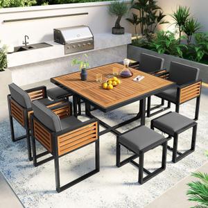 Merax 9 Pieces Outdoor Dining Set for 8 People, Acacia Wood Patio Furniture Sets with 1 Square Table, 4 Cushioned Chairs and 4 Ottomans for Backyard, Garden, Lawn, Poolside, Space Saving Design, Gray (Grey)