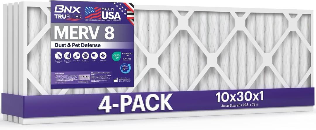 BNX TruFilter 10x30x1 Air Filter MERV 8 (4-Pack) - MADE IN USA – Dust & Pet Defense Electrostatic Pleated Air Conditioner HVAC AC Furnace Filters for Dust, Pet, Mold, Pollen MPR 600 – 700 & FPR 5
