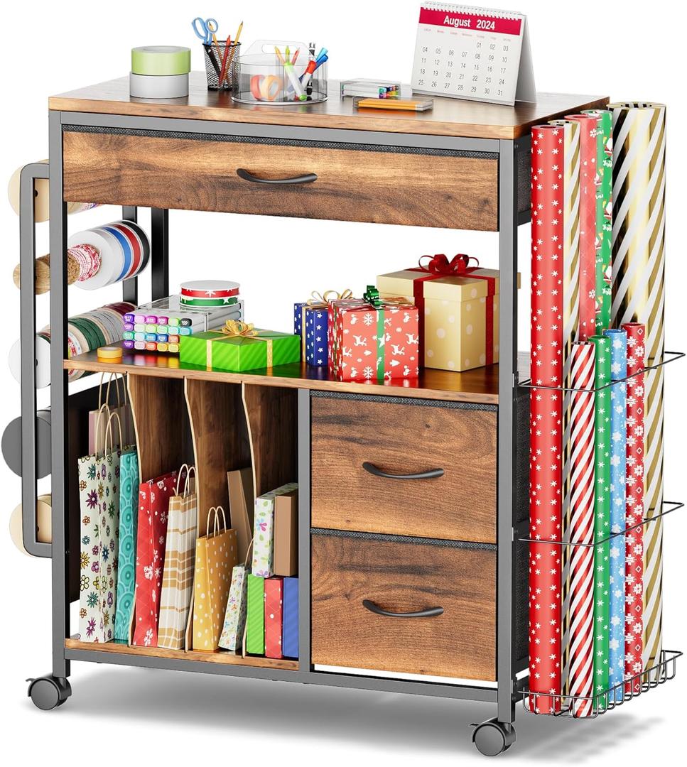 PUNLUXU Wrapping Paper Storage Cart, Rolling Gift Wrap Station with Ribbon and Gift Bag Storage, Wrapping Paper Organizer Holder, Craft Organizers and Storage for Christmas, Craft Storage Cart 004 (004 Wood Grain)