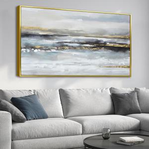 Abstract Ocean Sky Landscape Canvas Wall Art 29x58 Inch - Framed, Blue Gray Gold Tones Decorative Hangings, Large Modern Wall Pictures for Bedroom Kitchen Office