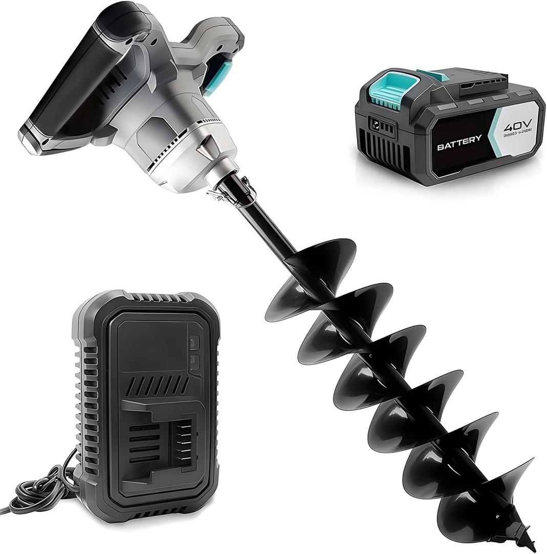 40V Brushless Cordless Earth Auger 6 Inch Post Hole Digger w/ 2,5AH Battery, 4A Charger, Led Work LightForward & Reverse Direction