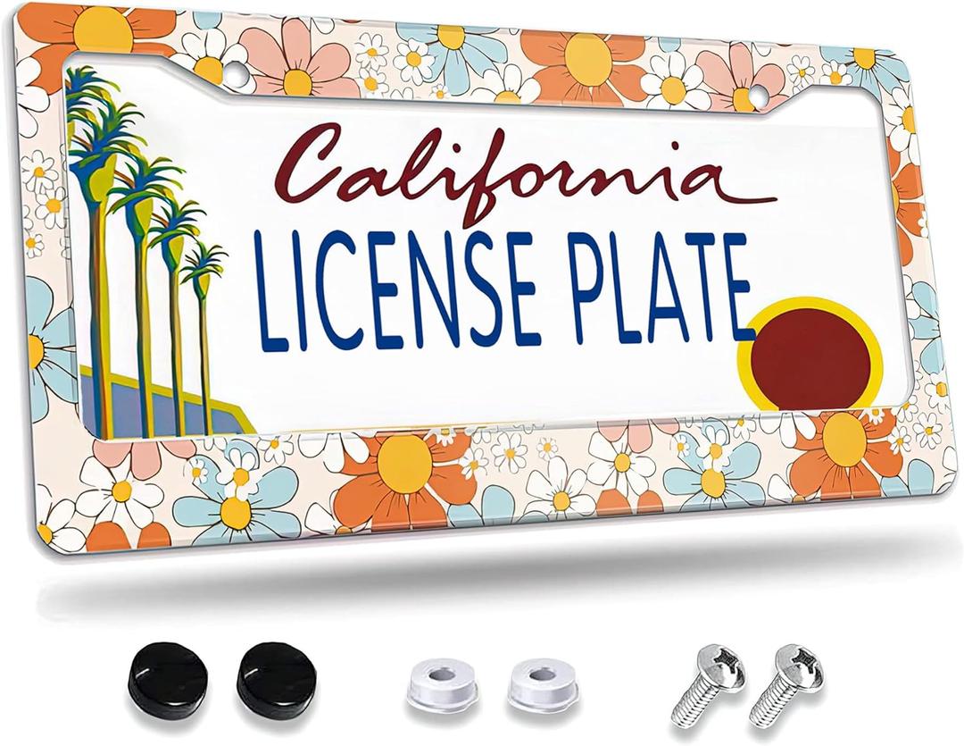 License Plate Frame,Floral Retro Daisys License Plate Frames Decorative Car Tag Frames Aluminum Metal License Plate Holder for US Canada Standard 12''x6''