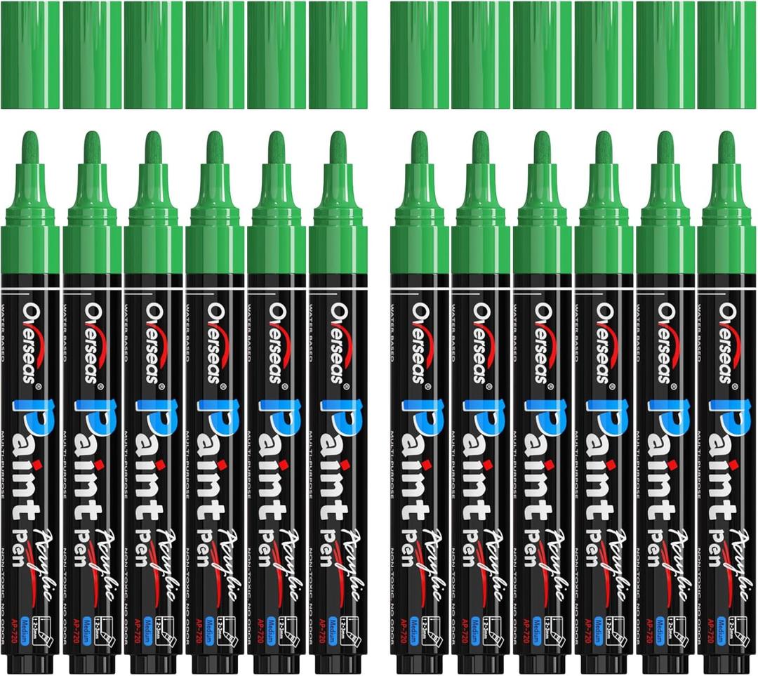 Overseas Green Paint Pens Paint Markers - Permanent Acrylic Markers 12 Pack, Water-Based, Quick Dry, Waterproof Marker Pen for Rock, Wood, Plastic, Metal, Canvas, Glass, Fabric, Mugs. Medium Tip