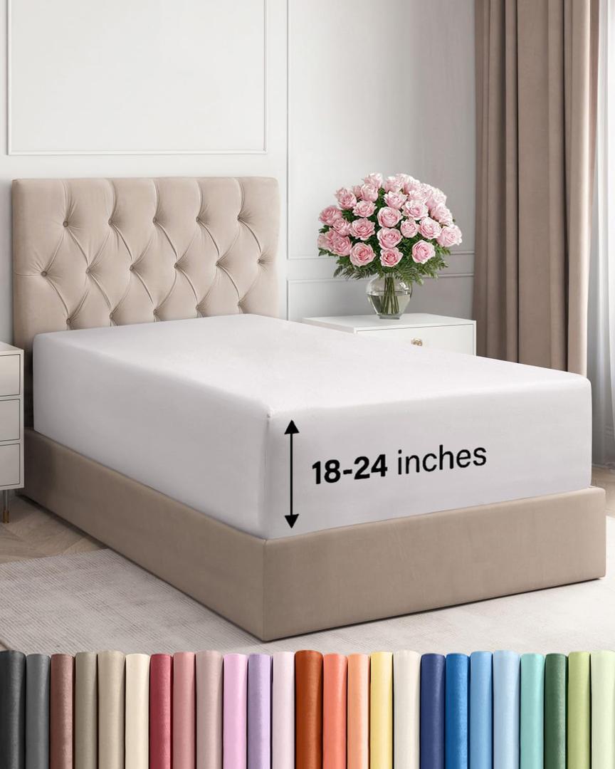 Extra Deep Twin XL Fitted Sheet - Hotel Luxury Single Fitted Sheet Only - Easily Fits 18 inch to 24 inch Mattress - Ultra Soft, Wrinkle Free with Extra Deep Pockets - Breathable & Comfy - French Grey