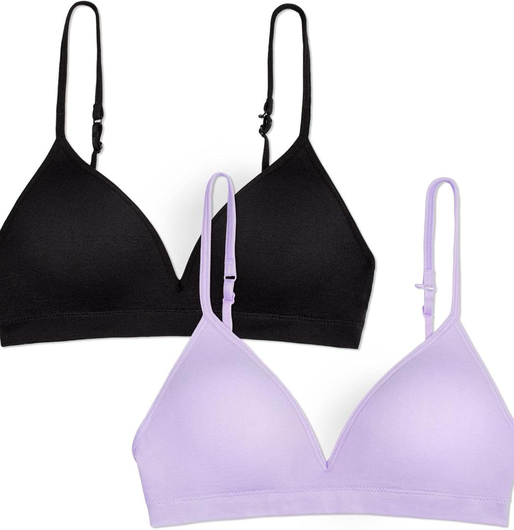 Fruit of the Loom Girls' Big Seamless Soft Cup Bra, 2-Pack, Lilac Whisper/ Black Hue, 28