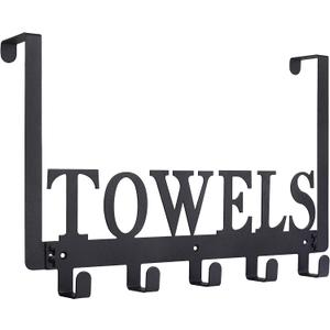 Over The Door Hooks - Towel Holder for Bathroom, Bedroom, Kitchen & Pool - Sandblasted Black Metal Wall Mount (5 Hooks)