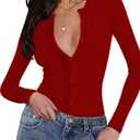 INFITTY Women Bodysuit Sexy Deep V Neck Button Down Long Sleeve Top 2026 Trendy Thong Body Suits Outfits for Going Out (S)