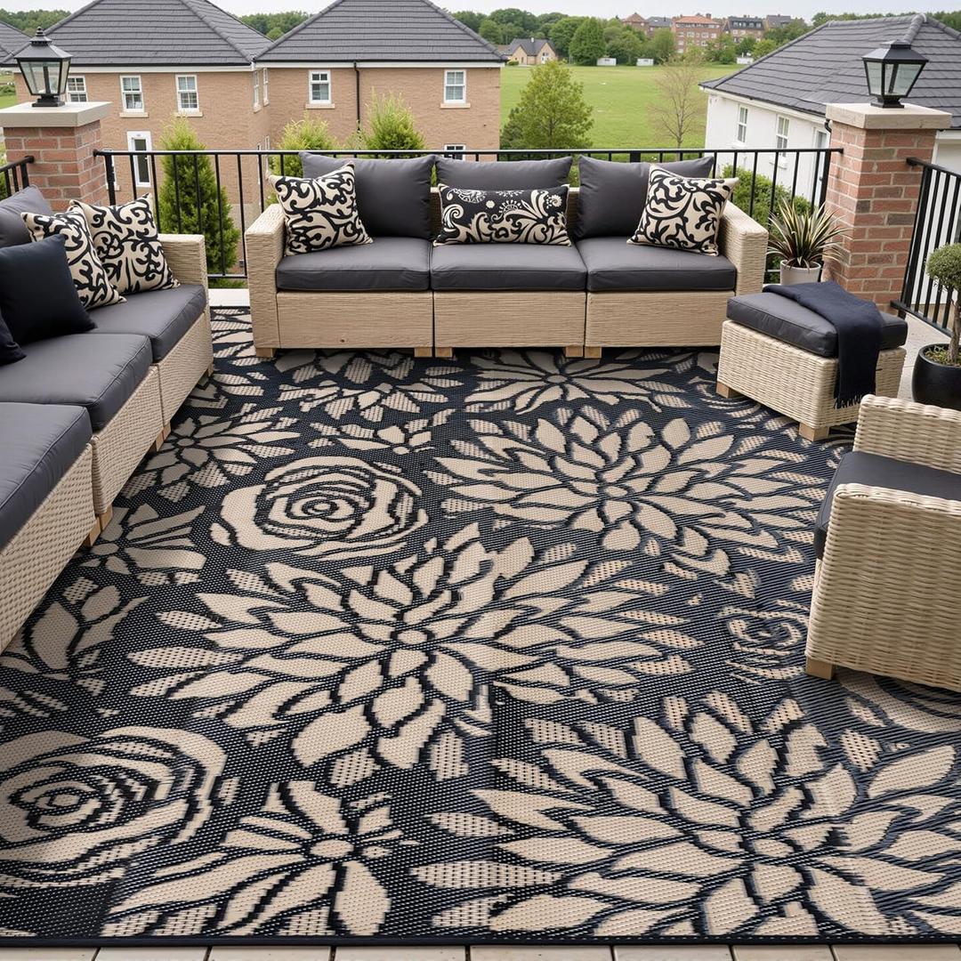Outdoor Plastic Straw Rug Waterproof Patio 8x10 Black Brown Floral Mat for Porch Camping RV Balcony Deck Courtyard Reversible Lightweight Durable Portable Carpet 8' x 10' (Rectangular), Floral | Brown