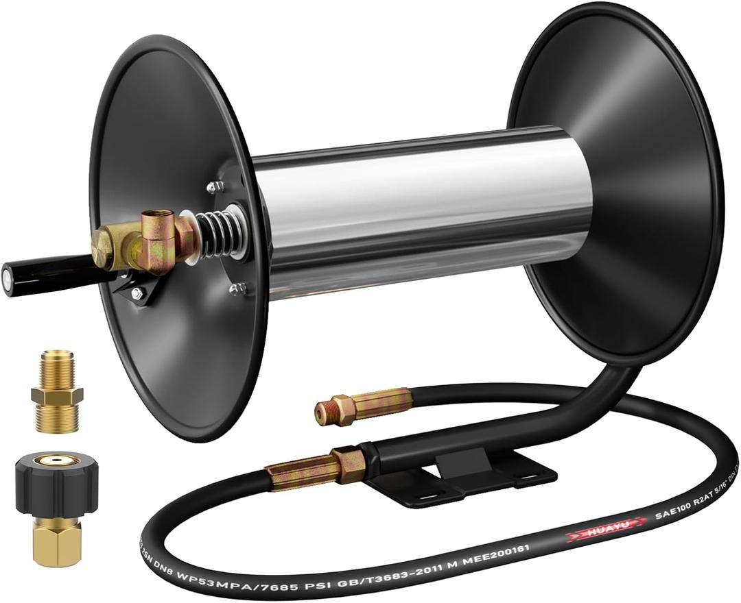 Pressure Washer Hose Reel, 100FT High Pressure Hose Reel with Hand Crank, 3/8" Heavy Duty Steel Pressure Washer Reel, 4000 PSI Power Washer Hose Reel Swivel Arm for Air/Liquid/Water Use