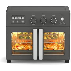 Martha Stewart French Door Air Fryer Toaster Oven Combo, 34QT Countertop Convection, 12-in-1, Bake, Broil, Roast, Fits 12” Pizza, Dehydrate, 5 Accessories, Air Fry Basket, Stainless Steel, Caviar Gray