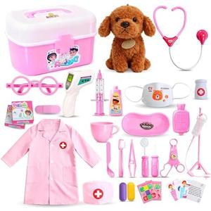 Girl Toys Doctor Kit for Toddlers 3-5 with Plush Dog, 39 PCS Kids Vet Play Set with Heartbeat Sound Stethoscope & Dress Up Toddler Doctor Costume & Hat, Pretend Play Pet Vet Toy for Girls Gifts