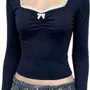 RoseSeek Girl's Bowknot Front Lace Trim Tops Slim Fit Long Sleeve T Shirts Cute Tops (Blue)