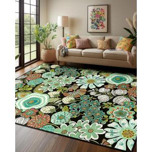 Area Rugs 8x10 Floral Rug, Washable Botanical Flower Carpet, Non Slip, Print Pattern, Low Pile Carpet for Living Room, Bedroom, Kitchen, Dining Room, Nursery, Playroom, Indoor-Green/Blue
