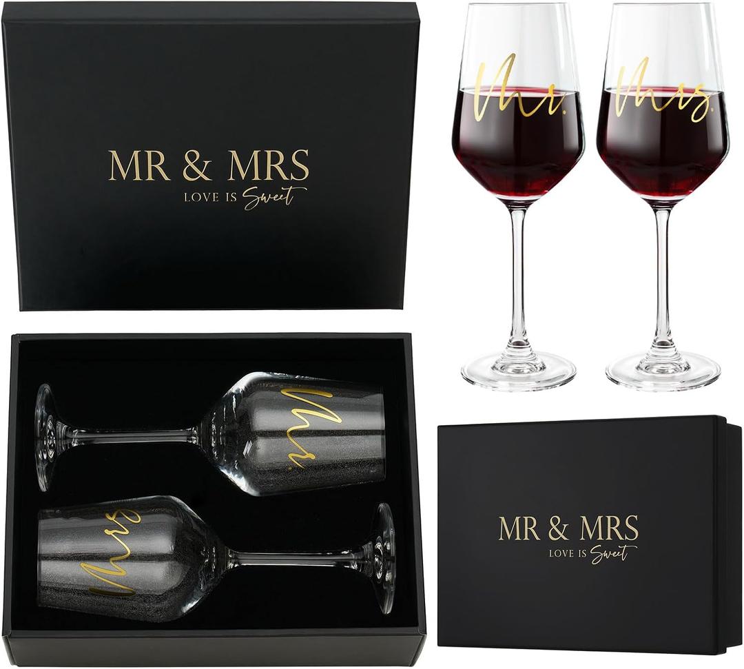 AW BRIDAL Mr and Mrs Wine Glasses Set of 2 for Engagement Bridal Shower, Wedding Gifts for Newlywed Couples 2025, Personalized Anniversary Wine Glass Gift Basket for Bride Groom and Fiance Fiancee