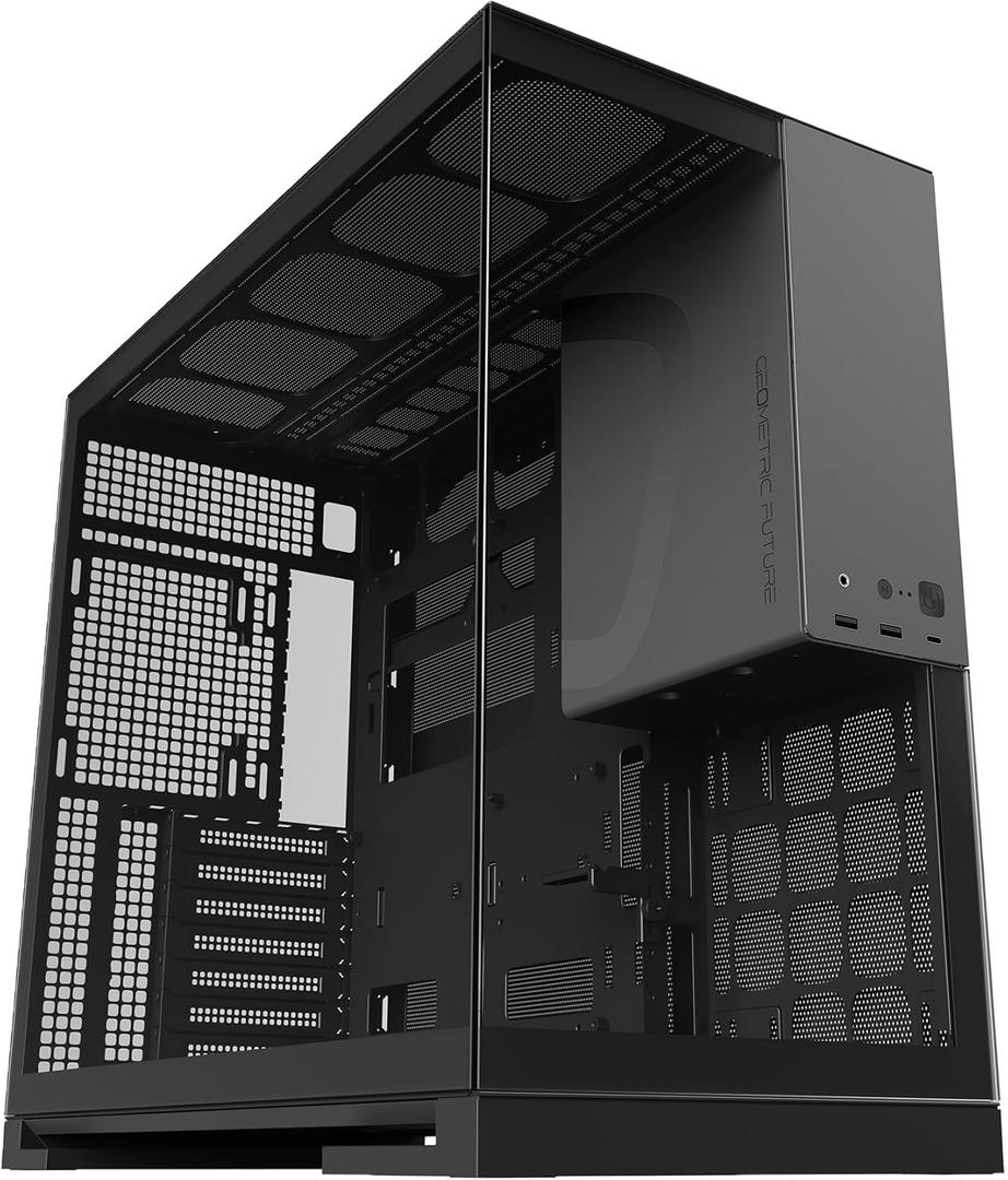 M5 Tempered Glass Mid Tower, E-ATX/ATX Gaming Case, 1.2mm Steel, Type C, Toolless Panels, Support 420/360 Radiator, Dual-Chamber, Black/Grey, GEO-M5-BG