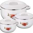 T TABAKH Nova 3pc Set Insulated Casserole Dish with Lid Hot Pot Food Warmer/Cooler - Thermal Soup, Salad Serving Bowl - Stainless Steel Container - Keeps Food Hot & Cold (White, Super Grand 3500ml+5500ml+7500ml)