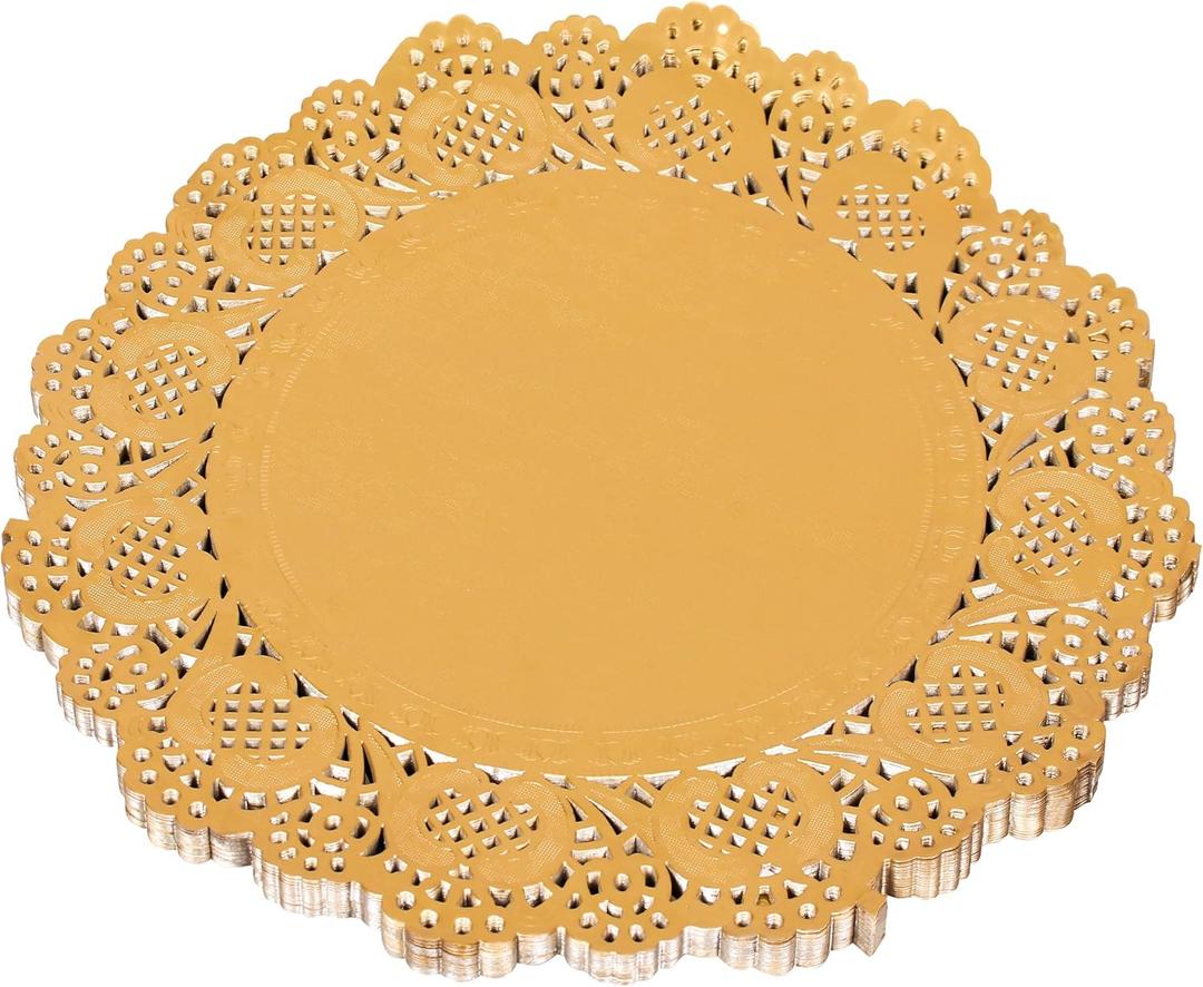 14 Inch 100 Pcs Round Lace Gold Paper Doilies Gold Foil Paper Placemats Doily Paper Pad for Cakes Crafts Party Weddings Tableware Decor