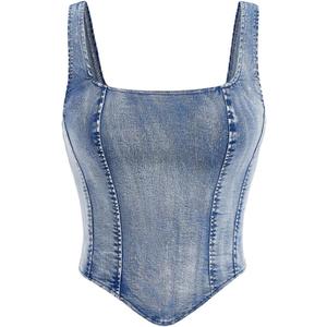 WDIRARA Women's Denim Corset Tank Top Asymmetrical Hem Crop Tops Sleeveless Zip Up Back Tanks XS