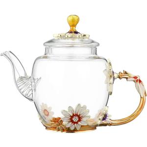 Glass Teapot -300 ml (10 oz), Flower Decoration Heat Resistant Glass Teapot Kettle with Golden Leaf Edge Color Floral Pattern Retro Teapot Tea Party Set (Pink)
