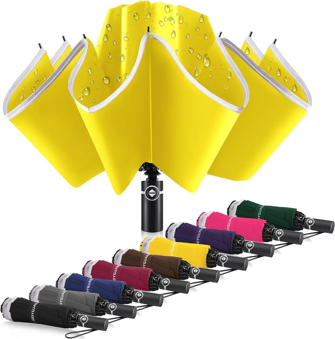 Bodyguard Inverted Umbrella - Large Windproof for Rain & Sun, Compact Reverse With Reflective Stripe, Teflon-Coated for Women Men, Travel Folding With Cover Bag (46 IN, Yellow)