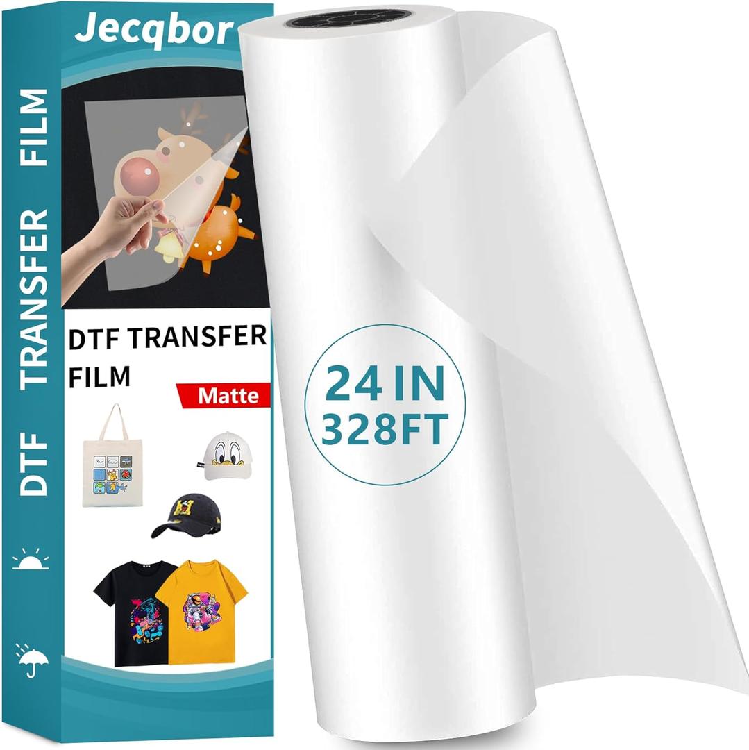 Jecqbor DTF Transfer Film Paper Roll 24 Inch x 328 FT, Double Sided Matte Heat Transfer Paper, Thick Clear Pretreat PET Sheets for All DTF Printer Direct Print On T-Shirts Textile